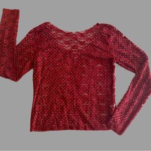 Fitted Red Lace Blouse with Long Sleeves